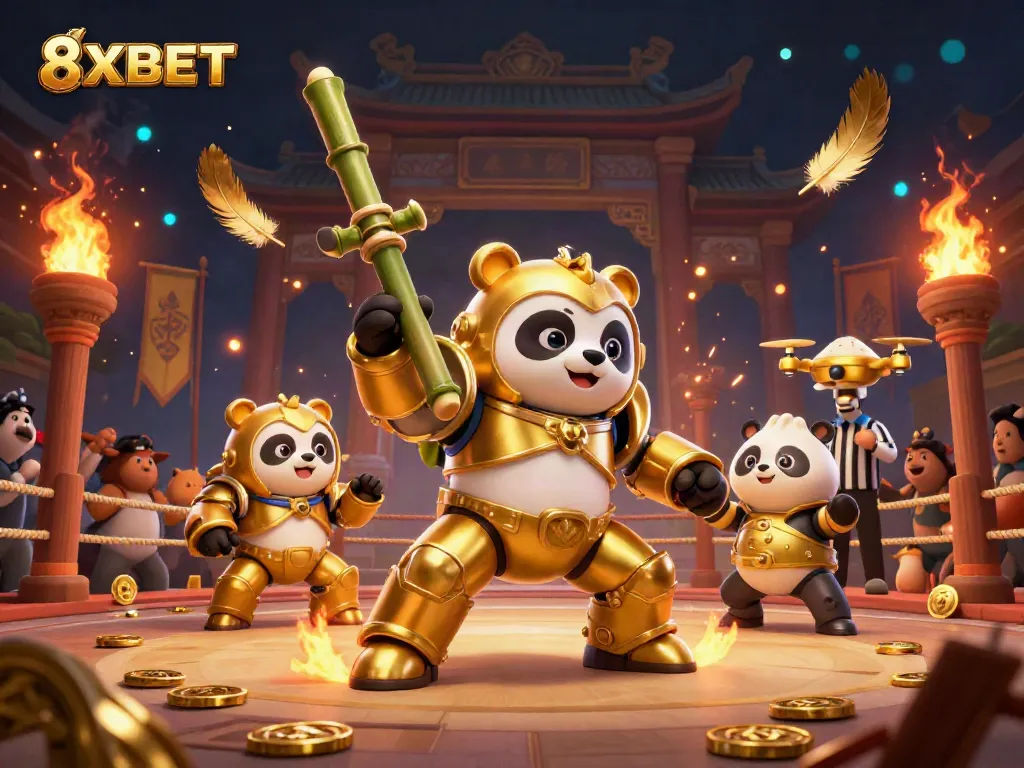 Engage in thrilling bets with 8XBET in a fun-filled arena featuring a golden panda and dynamic elements.