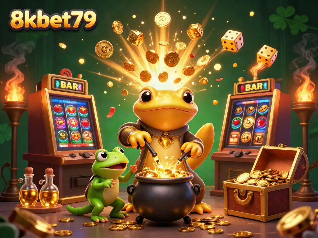 Experience the magic of 8xbet79 with a 3D casino-themed illustration featuring mystical characters and vibrant gaming elements.