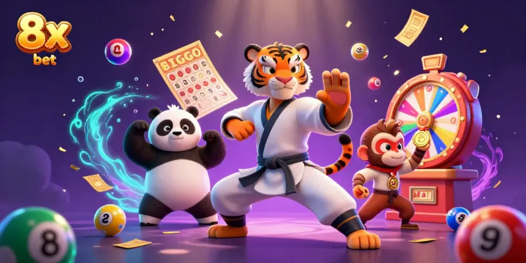 Experience the excitement of 8x bet with a vibrant 3D casino scene filled with animated game elements.