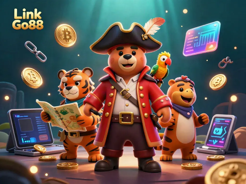 Engage with Link Go88 through this vibrant 3D casino illustration featuring animated characters and cryptocurrency.