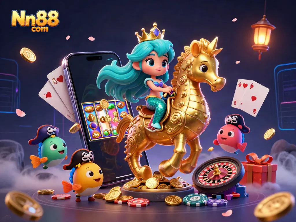 Engaging illustration of Nn88 com featuring a mermaid princess and seahorse, embracing online gaming excitement.