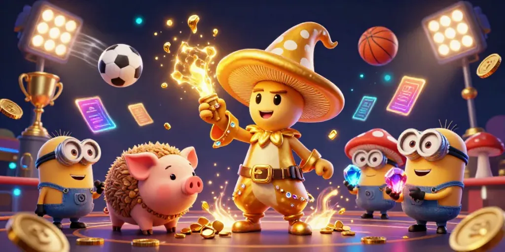 Experience the magic of TR88 with a whimsical illustration of a golden wizard and treasures in a vibrant casino atmosphere.