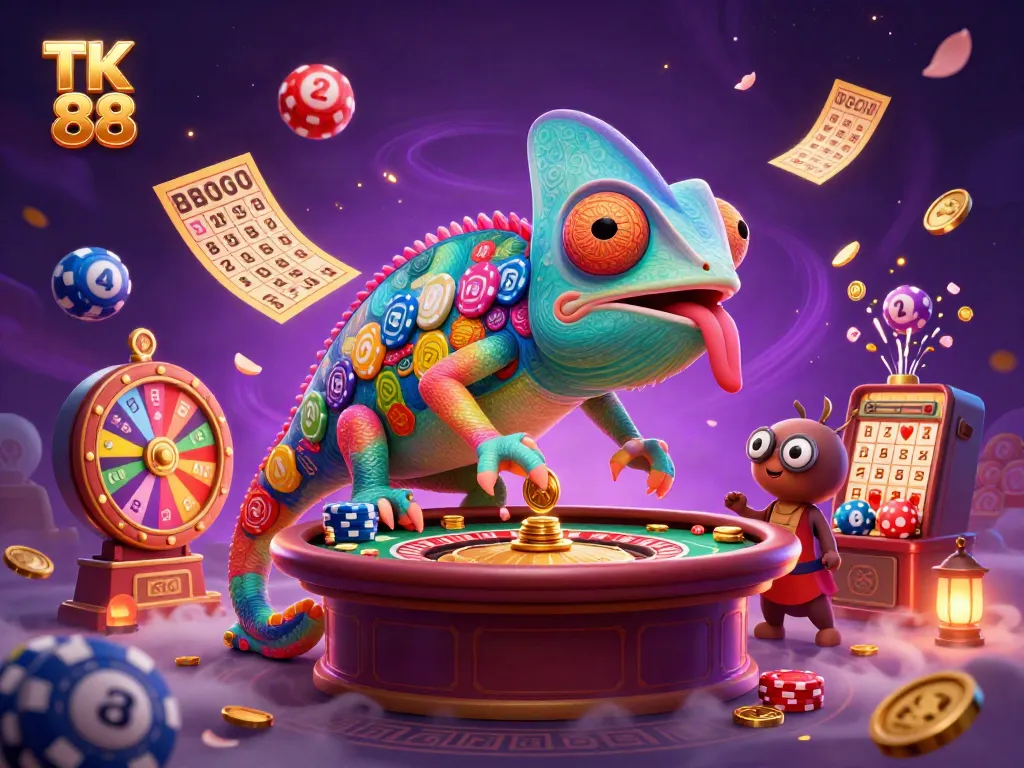 Experience thrilling wins with TK 88 in a vibrant casino illustration featuring dynamic games and colorful elements.