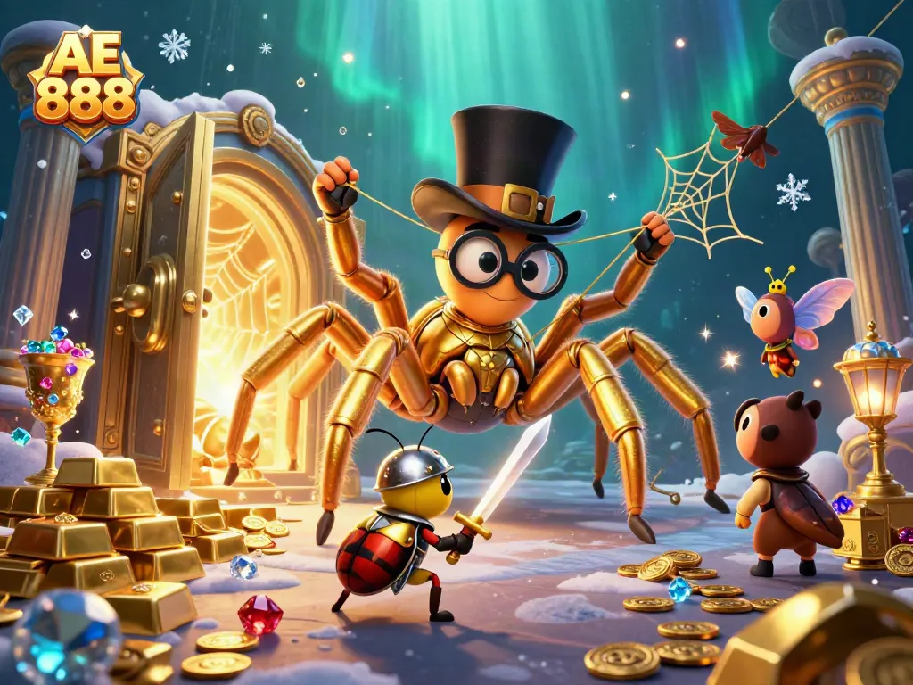 Experience AE 888 with a bold beetle knight and golden tarantula amid dazzling casino treasures.