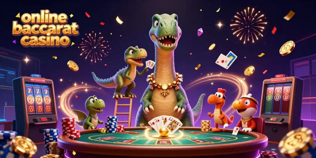 Engage with the online baccarat casino in a whimsical 3D scene featuring a playful brontosaurus and raptor dealers.