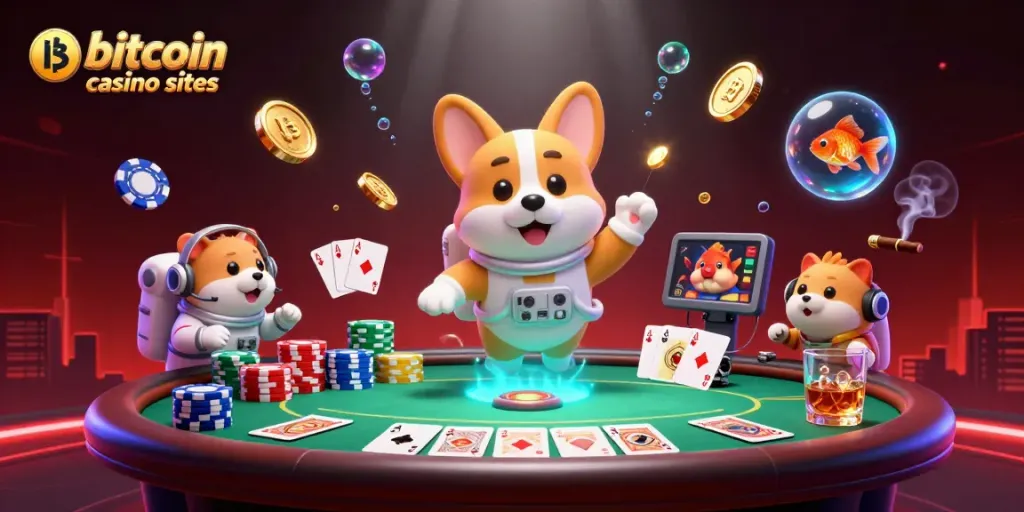 Engage with bitcoin casino sites as 3D astronaut corgi wins poker amidst drifting coins and vibrant action.
