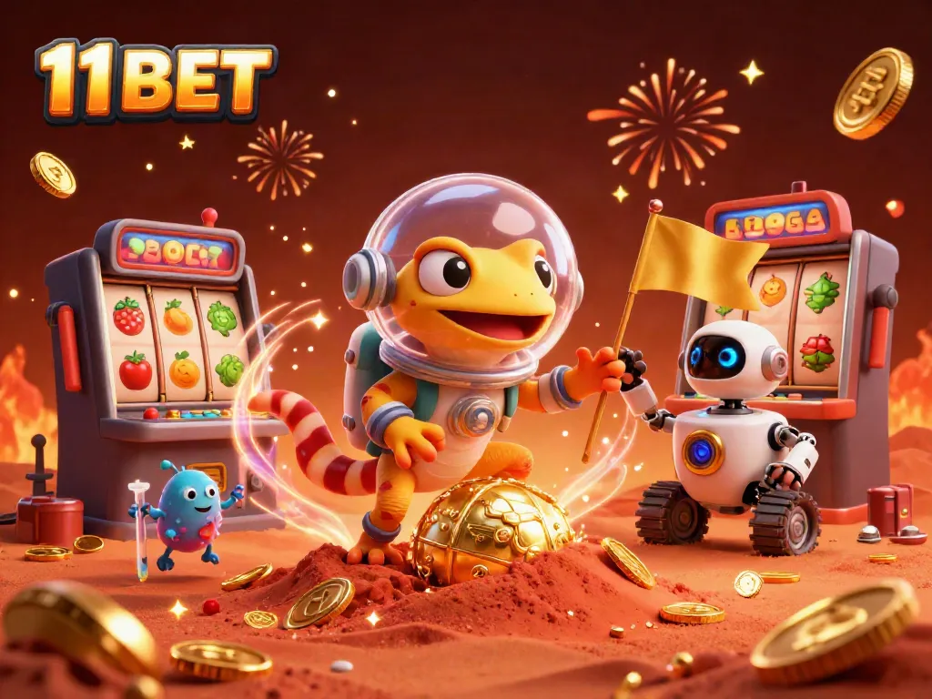 Experience winning moments with 11 BET in a vibrant Martian casino scene featuring dynamic game elements.
