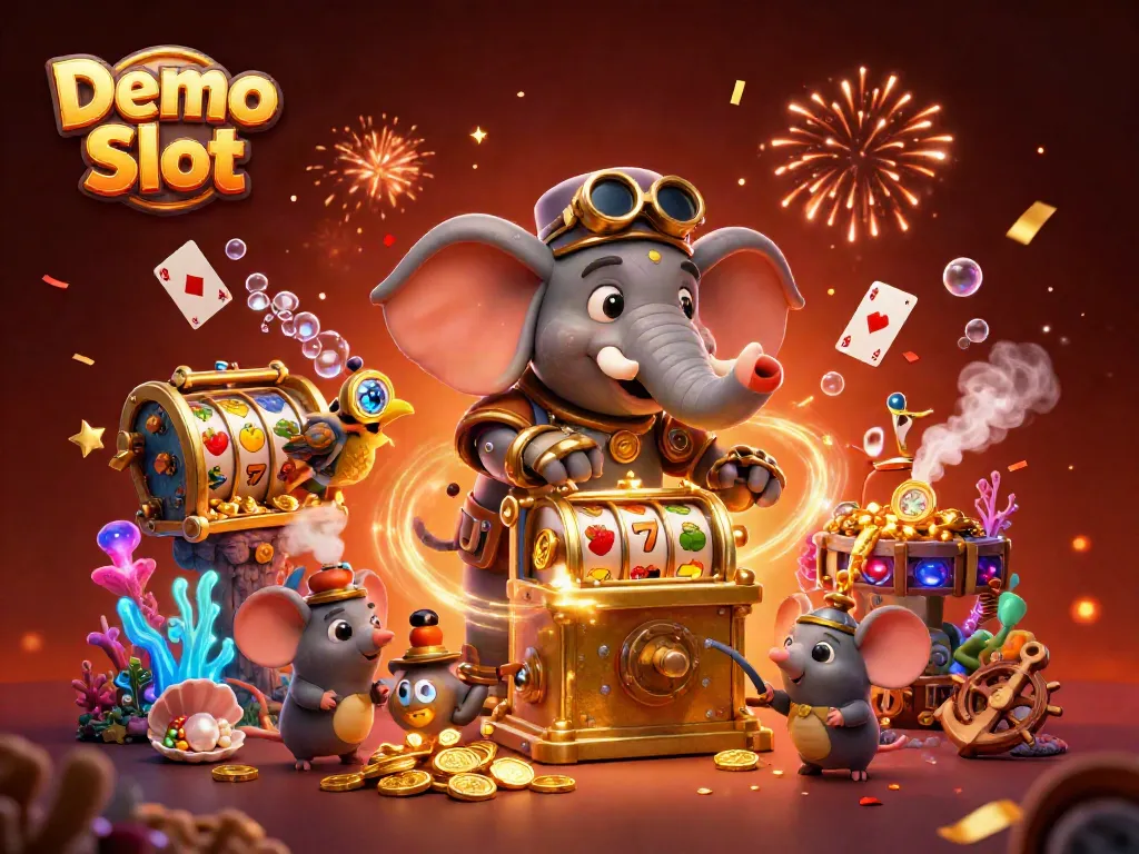 Play the exciting Demo Slot with a steampunk elephant and golden slot machine in a colorful underwater scene