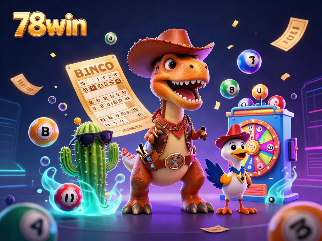 Experience thrilling gameplay with 78win, a vibrant scene of a T-Rex cowboy amidst gambling elements.