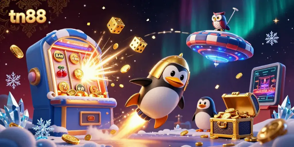 Experience the excitement of tn88 with a golden penguin blasting off to a casino space station, surrounded by coins and slot game elements.