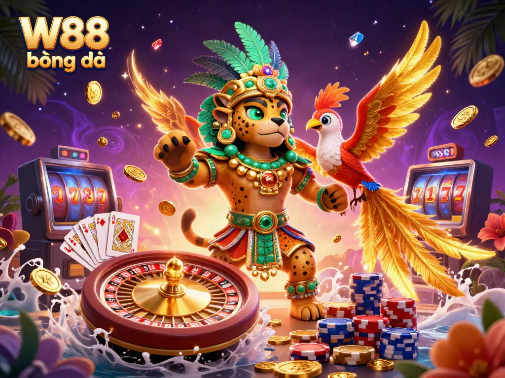 Experience the thrill of W88 bóng đá with a vibrant 3D scene of dynamic gaming elements and engaging characters.