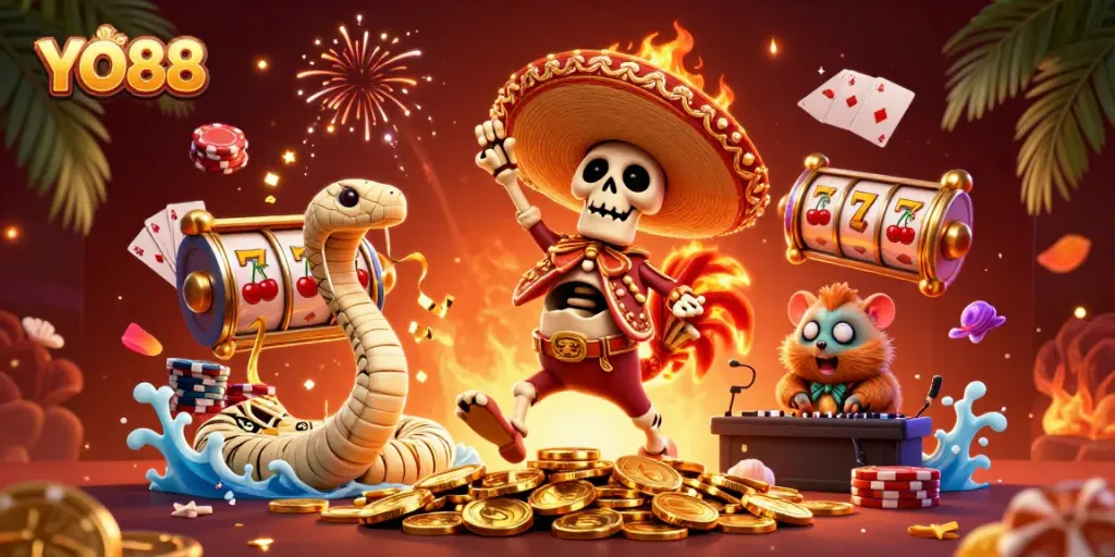 Celebrate winning big at YO88 with a dynamic casino scene featuring colorful slot reels and vibrant characters.