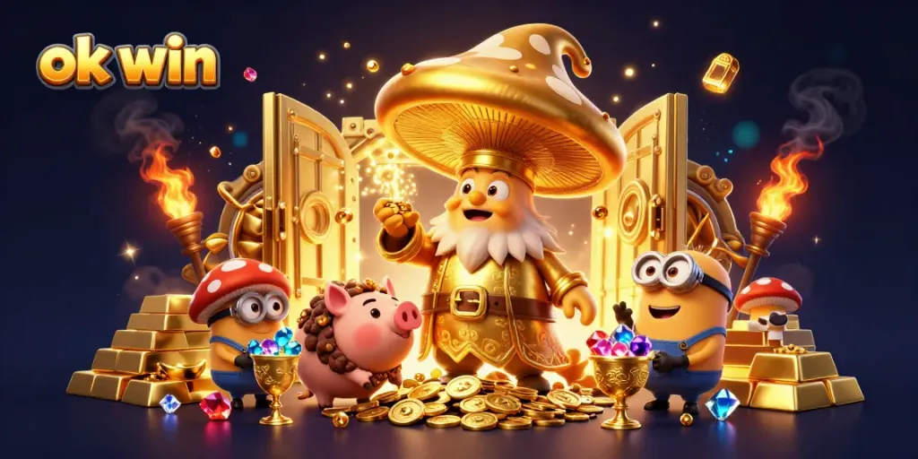 Experience the thrill of ok win with magical characters and dazzling treasures in an exciting casino scene.