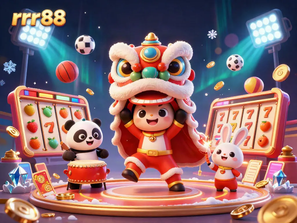 Experience the vibrant excitement of rrr88 with a lively 3D lion dance, slot games, and sports elements in a festive setting.