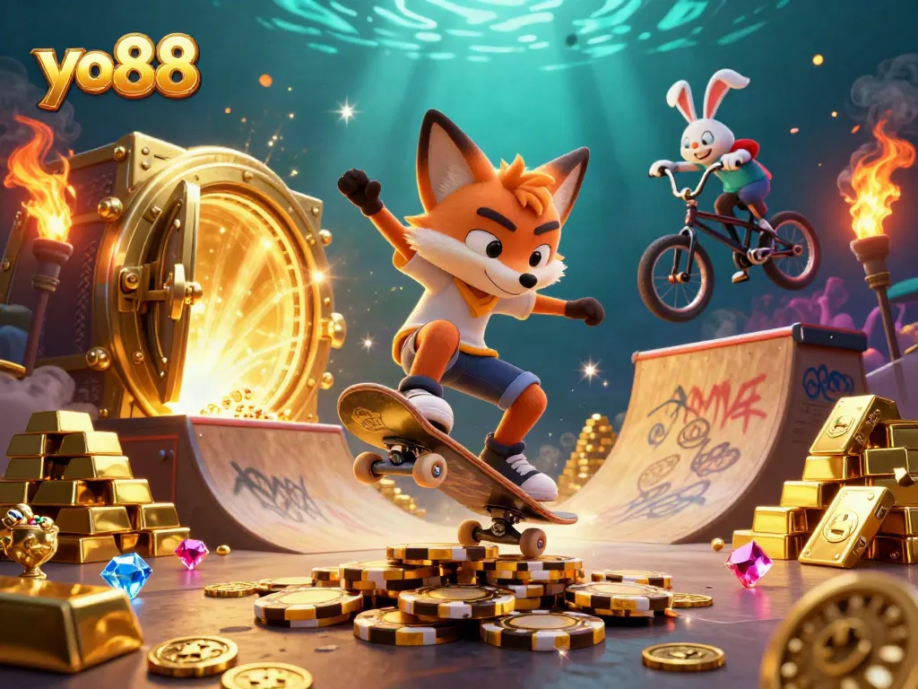 Engage in thrilling gameplay at yo88 with lively characters in a vibrant, casino-themed scene filled with treasure.