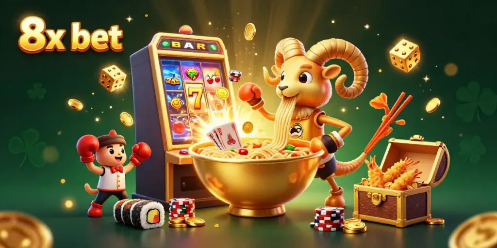 Engage in the exciting world of 8x bet with a dynamic cartoon scene featuring colorful characters and casino elements.