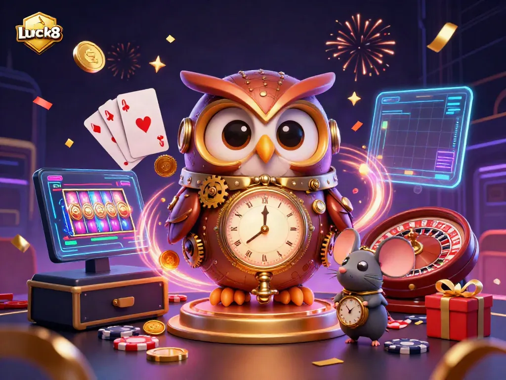 Spin and win with Luck8 in this vibrant casino-inspired 3D illustration featuring an owl and game elements.