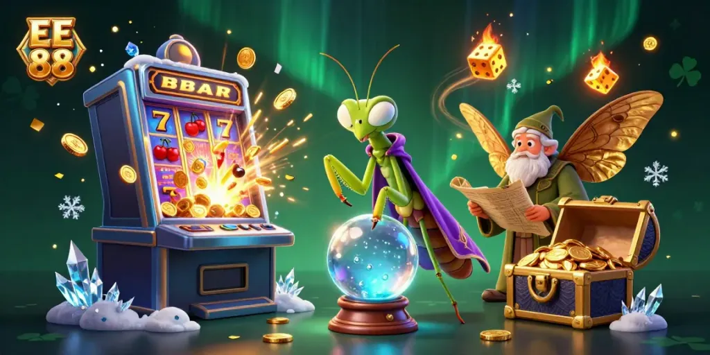 Experience the captivating world of EE 88 with dynamic casino elements and fortune-telling characters.