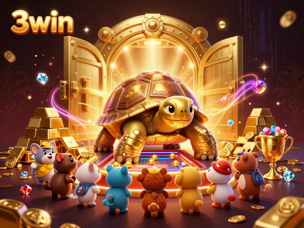 Experience thrilling gaming with 3win's colossal golden tortoise pinball machine surrounded by treasures.