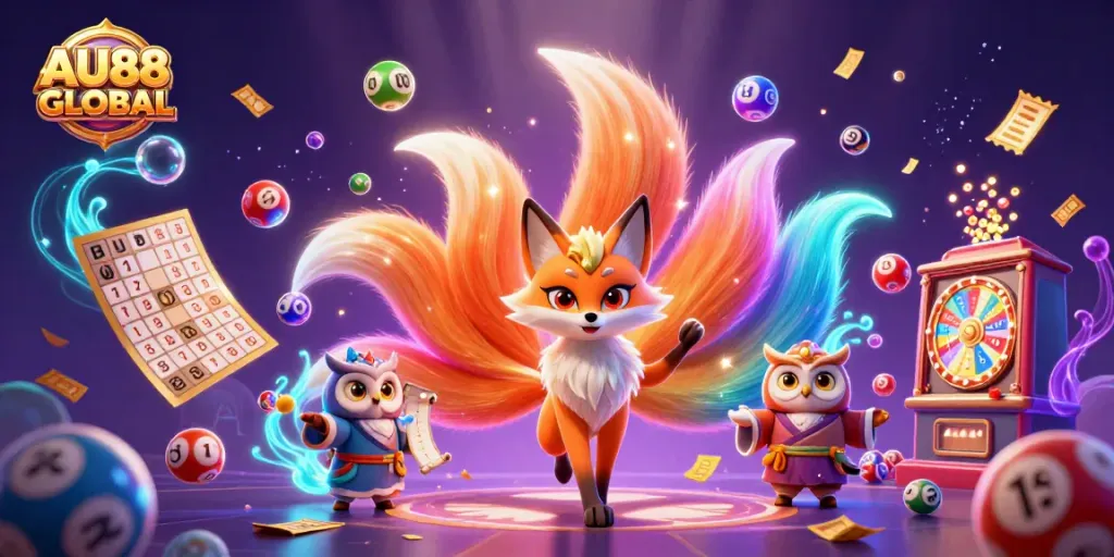 Experience the excitement of AU88 GLOBAL with vibrant characters and dynamic gaming elements in an energetic casino-themed scene.