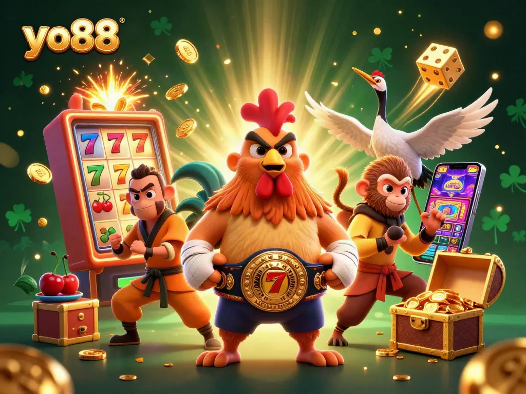 Experience thrilling wins at yo88 with a dynamic 3D illustration of casino adventures.