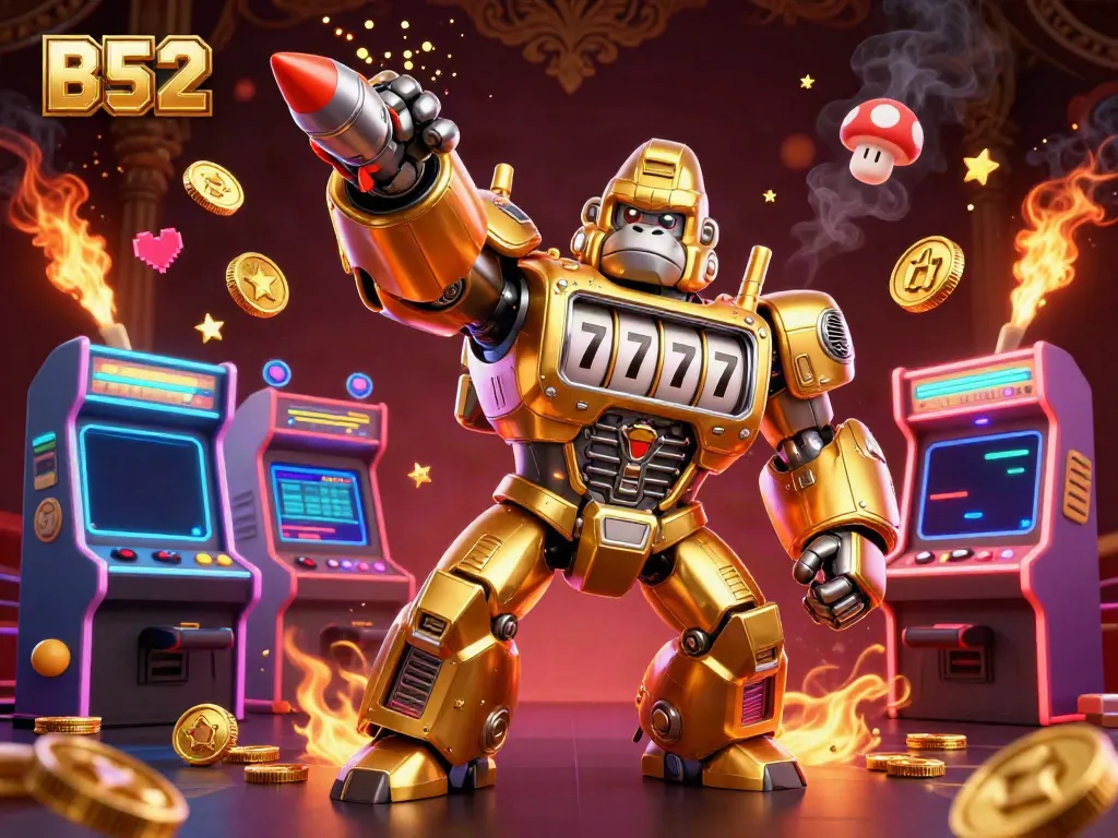 Experience B52's vibrant gaming world with a dynamic scene featuring a golden gorilla mech and arcade visuals.