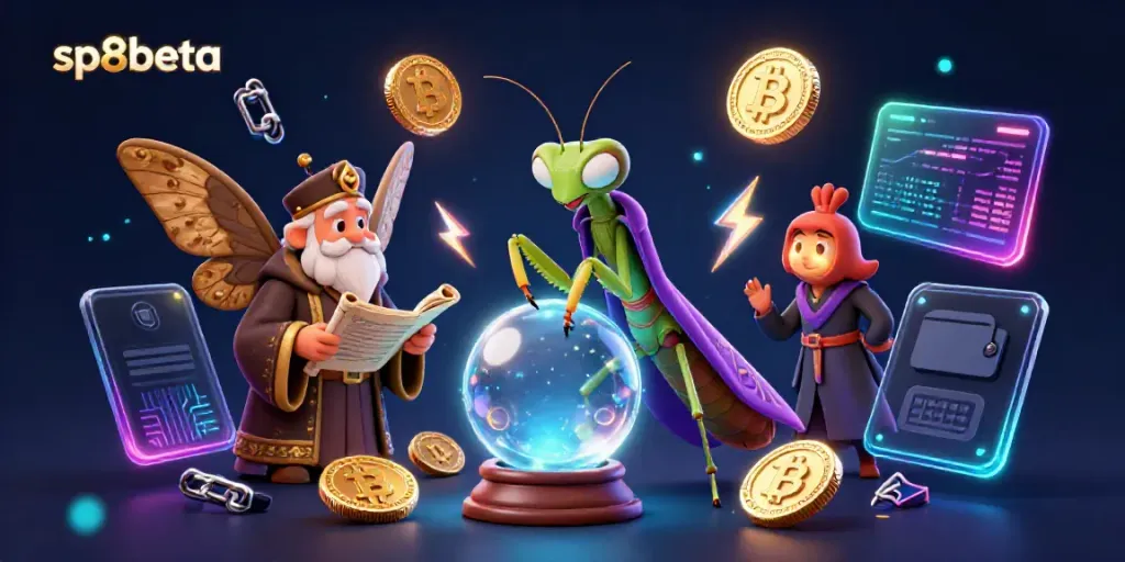 Engage with sp8beta's 3D casino fortune teller scene featuring vibrant crypto elements and mystical characters.