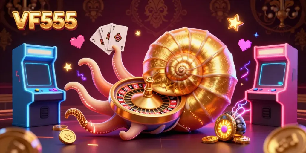 Engage in thrilling gameplay at VF555 with a vibrant 3D illustration featuring a giant nautilus, cards, and arcade elements.