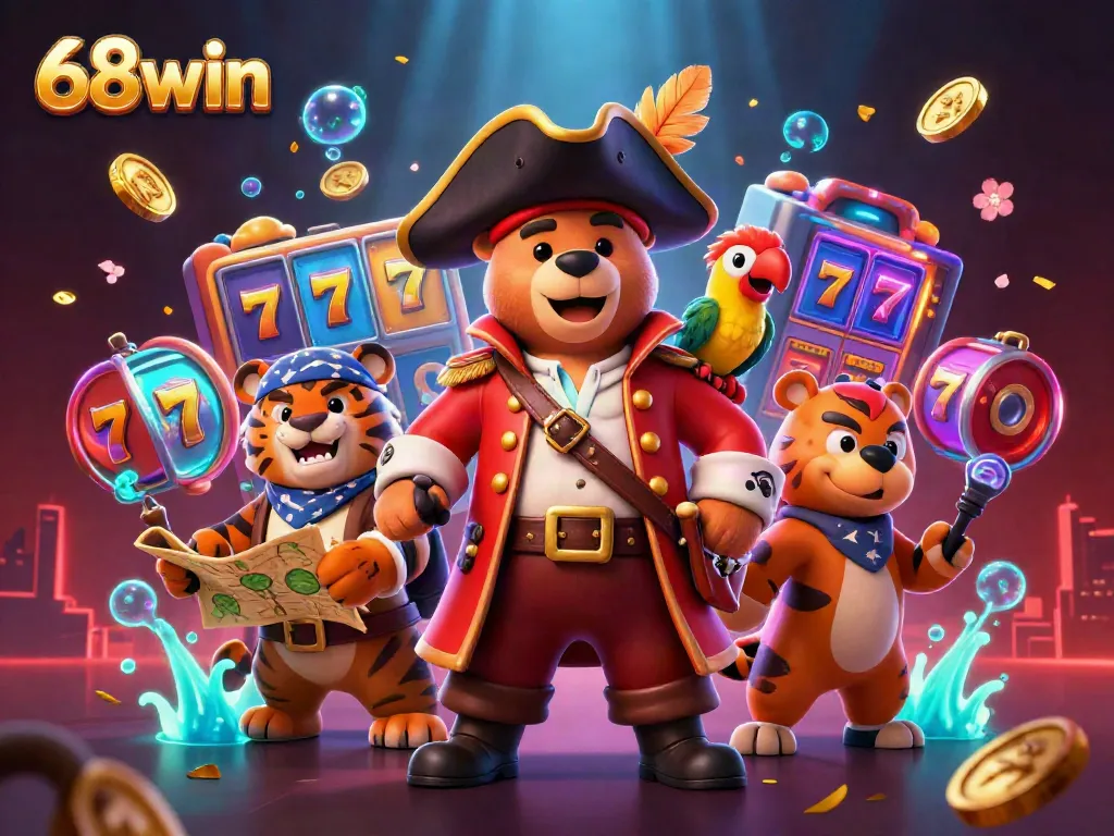 Explore thrilling opportunities at 68win with vibrant 3D characters amidst dynamic casino elements.