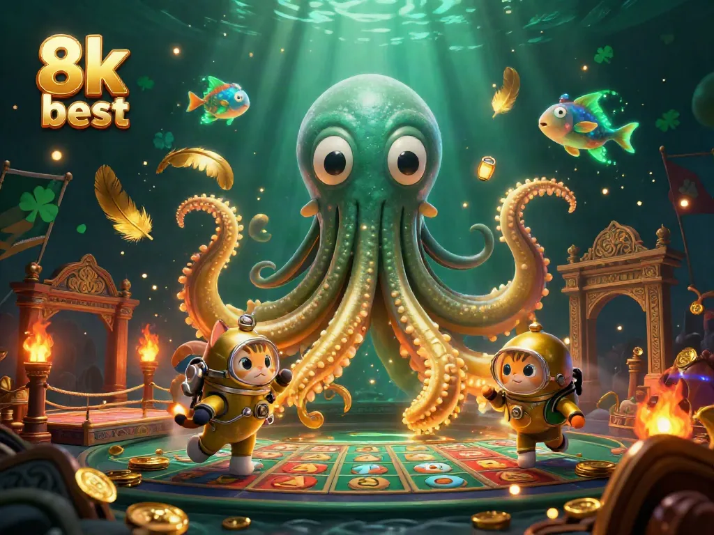 Engaging scene illustrating 8k best slot gaming with a colossal kraken, diving cat, and treasures amidst vibrant casino elements.