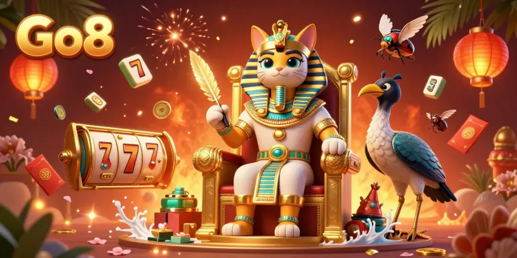 Go8 showcases exciting slot games featuring a majestic pharaoh cat surrounded by vibrant gaming symbols.