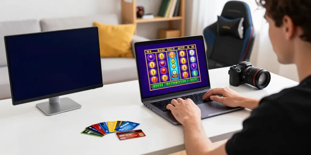 Player enjoying games at new casinos that accept credit cards, with colorful graphics and credit cards on the table.